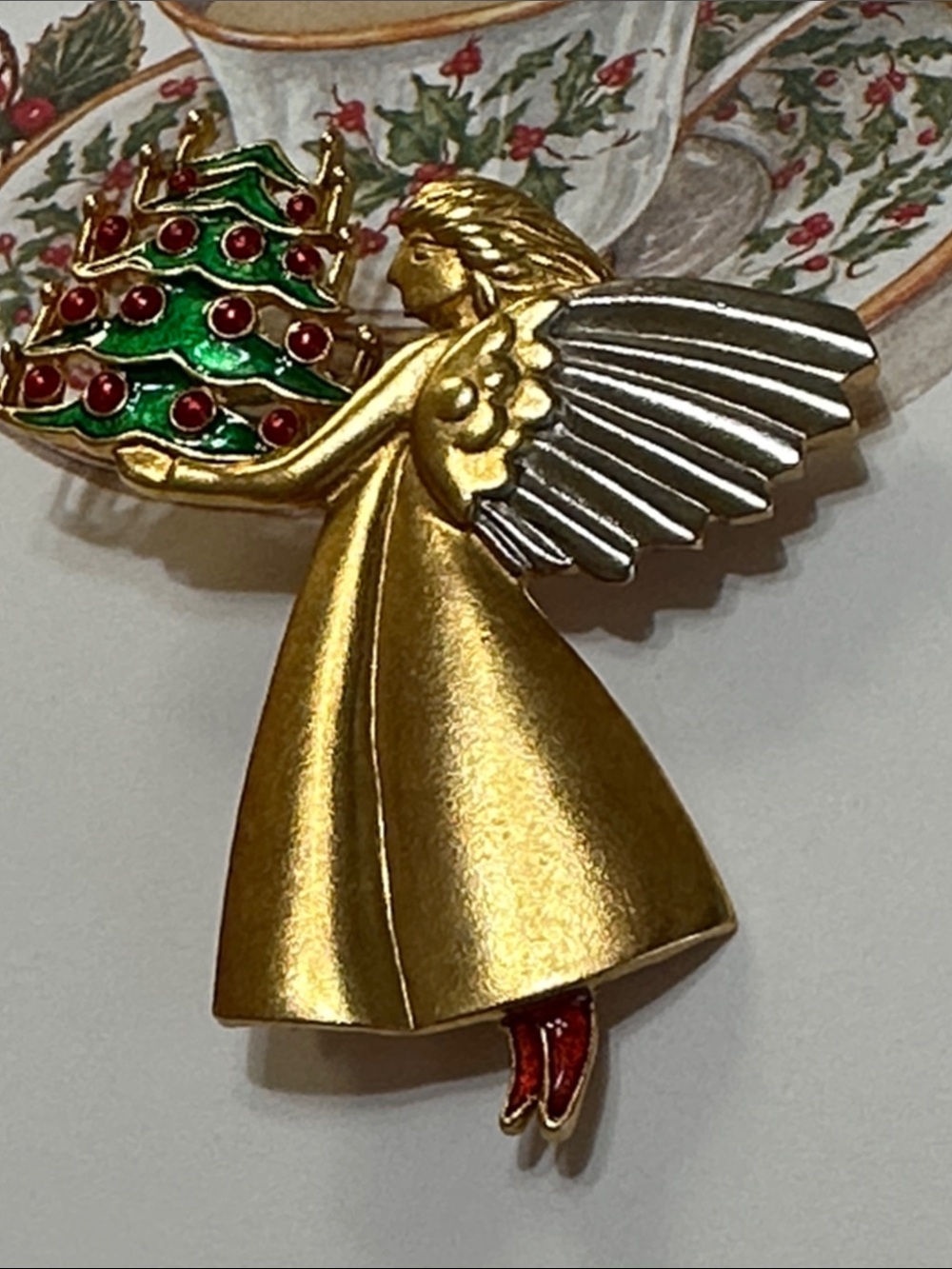 MMA Gold Angel Christmas Tree Pin Brooch - Holiday Women Jewelry - 2 1/2” x 2”